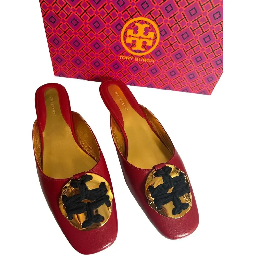 Tory Burch Woven Logo Kitten Heel Mules Red Leather Size 7.5 New With Box